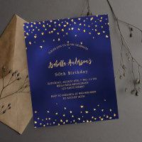 Birthday navy blue gold hearts budget invitation