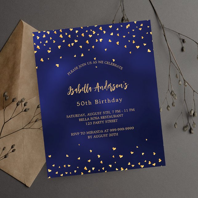 Birthday navy blue gold hearts budget invitation (Creator Uploaded)