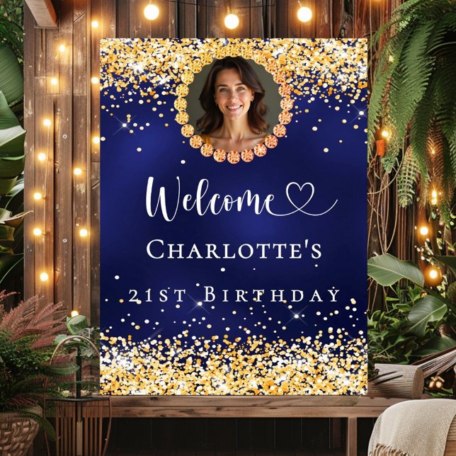Birthday navy blue gold photo welcome poster (Creator Uploaded)
