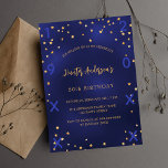Birthday navy blue gold stars birth year invitation postcard<br><div class="desc">A glamourous birthday party invitation for both him and her. A navy blue background decorated with faux gold stars. The blue colour is uneven. Personalise and add a name and party details.  Add year of birth and year of the celebration</div>
