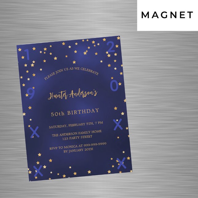 Birthday navy blue gold stars birth year luxury magnetic invitation (Creator Uploaded)