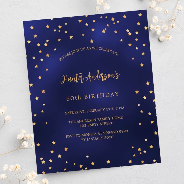 Birthday navy blue gold stars budget invitation flyer (Creator Uploaded)
