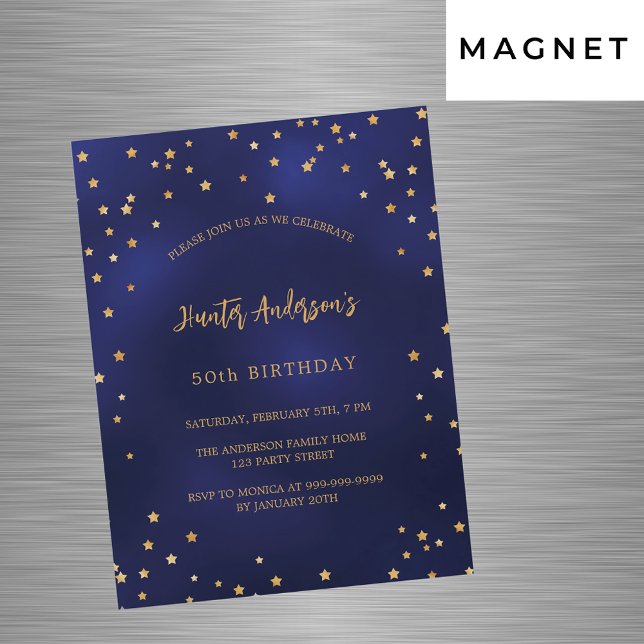 Birthday navy blue gold stars party luxury magnetic invitation (Creator Uploaded)