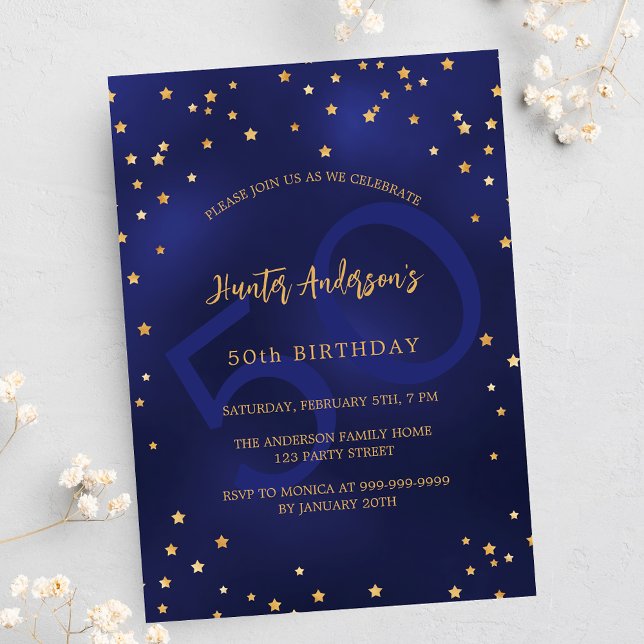 Birthday navy blue gold stars party number invitation postcard (Creator Uploaded)