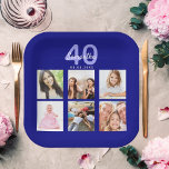 Birthday navy blue photo collage paper plate<br><div class="desc">For a 40th (or any age) birthday party,  celebrating her life with a collage of 6 of your own photos.  Personalise and add a name,  age 40 and a date.  Date of birth or the date of the party.  Navy blue background.</div>