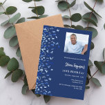 Birthday navy blue photo confetti invitation<br><div class="desc">A modern,  elegant and invitation.  A navy blue background decorated with blue confetti.  Personalise and add photo,  a name and party details. White text.</div>