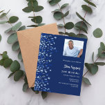 Birthday navy blue photo confetti luxury invitation<br><div class="desc">A modern,  elegant and invitation.  A navy blue background decorated with blue confetti.  Personalise and add photo,  a name and party details. White text.</div>