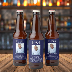 Birthday navy blue photo fun facts bio year birth beer bottle label