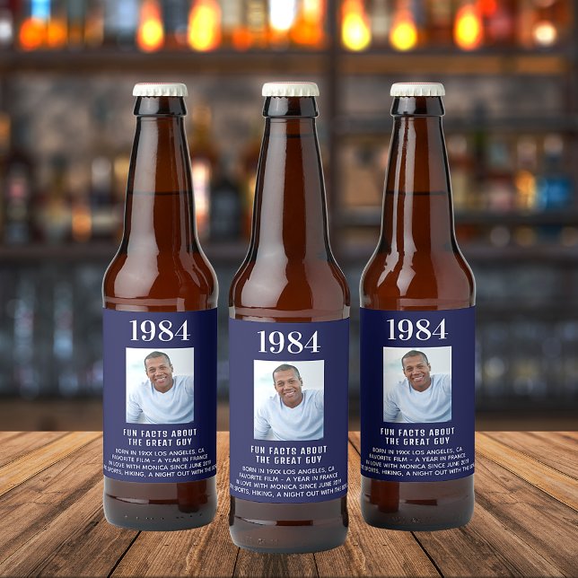 Birthday navy blue photo fun facts bio year birth beer bottle label (Creator Uploaded)