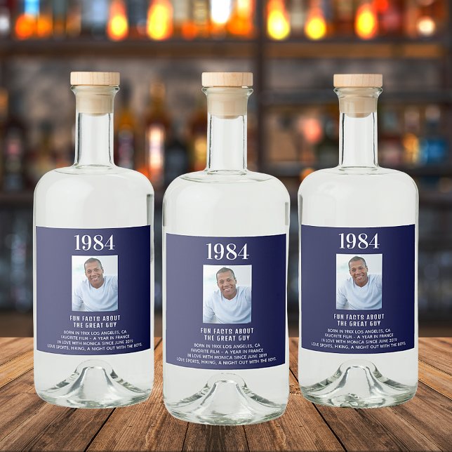 Birthday navy blue photo fun facts bio year birth liquor bottle label (Creator Uploaded)