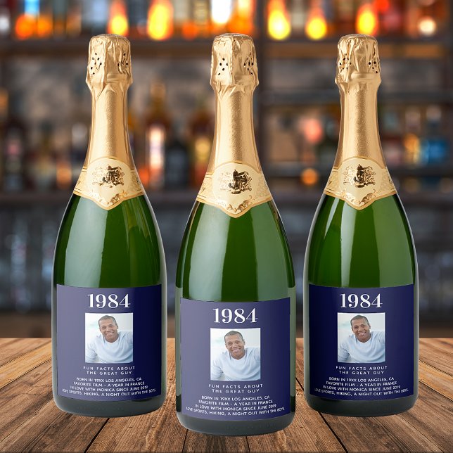 Birthday navy blue photo fun facts bio year birth sparkling wine label (Creator Uploaded)