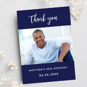 Birthday navy blue photo simple thank you card