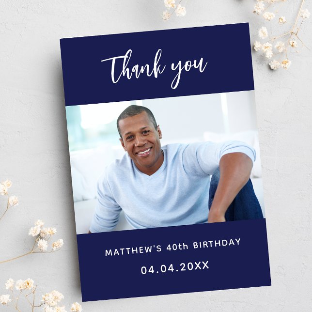 Birthday navy blue photo simple thank you card (Creator Uploaded)