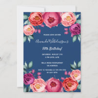 Birthday navy blue rose gold blush pink floral