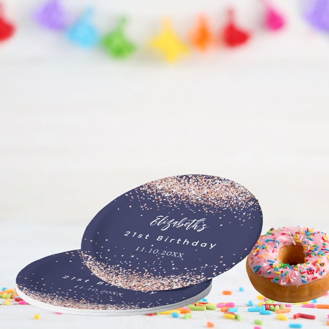 Birthday navy blue rose gold confetti paper plate (Creator Uploaded)