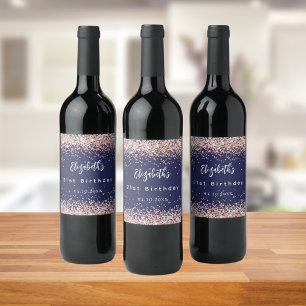 Birthday navy blue rose gold confetti wine label