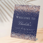 Birthday navy blue rose gold glitter welcome pedestal sign<br><div class="desc">A welcome sign for a girly and glamorous 21st (or any age) birthday party.  A navy blue background decorated with rose gold faux glitter,  sparkles.   Personalize and add a name and age 21.  White letters.</div>