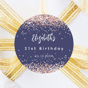 Birthday navy blue rose gold name classic round sticker