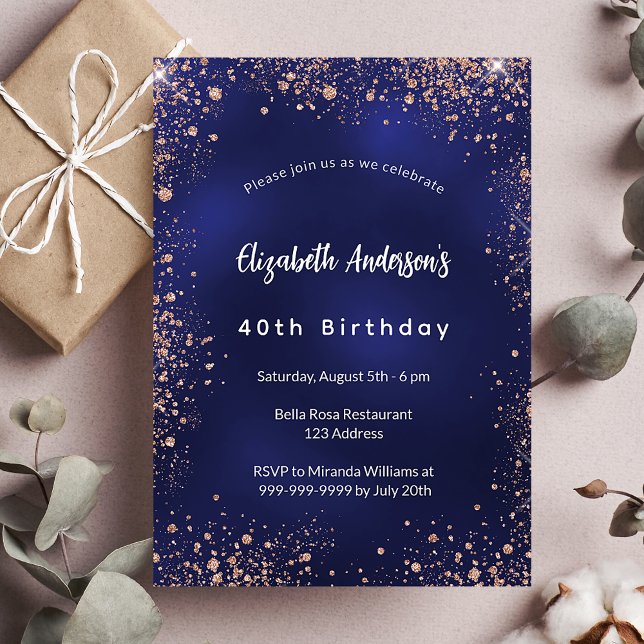 Birthday navy blue rose gold sparkles luxury invitation (Creator Uploaded)