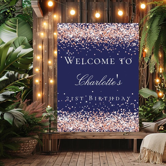 Birthday navy blue rose gold welcome  poster (Creator Uploaded)