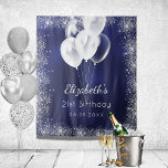 Birthday navy blue silver glitter balloons name tapestry<br><div class="desc">A tapestry for a girly and glamourous 21st (or any age) birthday party. A navy blue background,  the blue colour is uneven. Decorated with faux silver glitter,  sparkles and white balloons.  Personalise and add a name,  age,  date.</div>