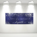 Birthday navy blue silver glitter dust monogram banner<br><div class="desc">For a girly and glamourous 21st (or any age) birthday party. A navy blue background with elegant faux silver dust. The blue colour is uneven. Personalise and add a name and age 21. White letters. The name is written with a modern hand lettered style script with swashes. To keep the...</div>