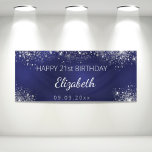 Birthday navy blue silver glitter dust monogram banner<br><div class="desc">For a girly and glamourous 21st (or any age) birthday party. A navy blue background with elegant faux silver dust. The blue colour is uneven. Personalise and add a name, date and age 21. White letters. The name is written with a modern hand lettered style script with swashes. To keep...</div>