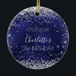 Birthday navy blue silver glitter friends ceramic tree decoration<br><div class="desc">An ornament for a girly and glamorous 21st (or any age)  birthday . A navy blue background with faux silver glitter,  sparkles. The blue color is uneven. On the front: Personalize and add a date,  a name and age.
Back:  Happy birthday and names from friends.</div>