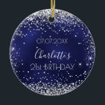 Birthday navy blue silver glitter friends ceramic tree decoration<br><div class="desc">An ornament for a girly and glamorous 21st (or any age)  birthday . A navy blue background with faux silver glitter,  sparkles. The blue color is uneven. On the front: Personalize and add a date,  a name and age.
Back:  Happy birthday and names from friends.</div>