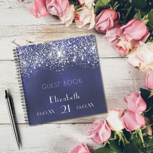 Birthday navy blue silver glitter guest book