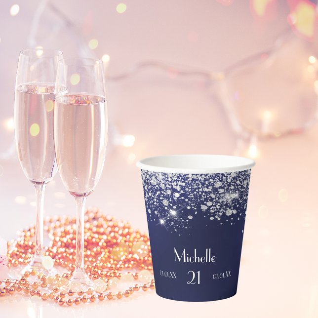 Birthday navy blue silver glitter monogram paper cups (Creator Uploaded)