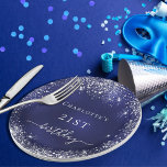 Birthday navy blue silver glitter monogram paper plate<br><div class="desc">For a girly and glamorous 21st (or any age) birthday party.  A navy blue background with elegant faux silver dust. The blue color is uneven.  Personalize and add a name and age 21.  White letters.</div>