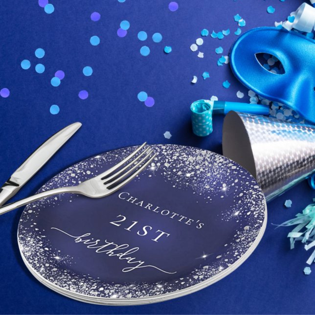 Birthday navy blue silver glitter monogram paper plate (Creator Uploaded)