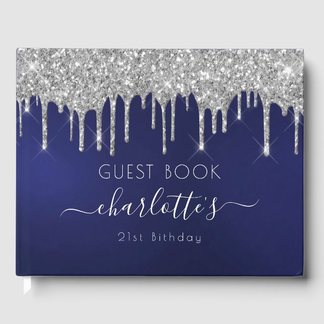 Birthday navy blue silver glitter monogram script guest book (Front)
