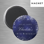 Birthday navy blue silver glitter name magnet<br><div class="desc">For a 18th (or any age) birthday. Navy blue backround,  the blue colour is uneven. Decorated with faux silver glitter. Personalise and add a date,  name and age/event.  White letters. Can be used as keepsake,  party favour or as a Save the Date for your guests.</div>