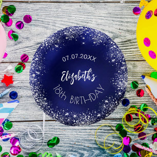Birthday navy blue silver glitter name paper plate