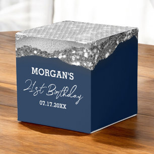 Birthday Navy Blue Silver Glitter Name Thank You Favour Box