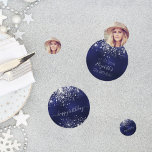 Birthday navy blue silver glitter photo confetti<br><div class="desc">Celebrating a 21st (or any age) milestone birthday for a girl/woman. A dark blue background. The blue colour is uneven. Decorated with faux silver glitter dust. Personalise and add your own photo of the birthday girl. The photo template works best with a square photo. The text: The name in white...</div>
