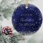 Birthday navy blue silver glitter sparkles ceramic tree decoration<br><div class="desc">An ornament for a girly and glamourous 21st (or any age)  birthday . A navy blue background with faux silver glitter,  sparkles. The blue colour is uneven. On the front: Personalise and add a date,  a name and age.</div>