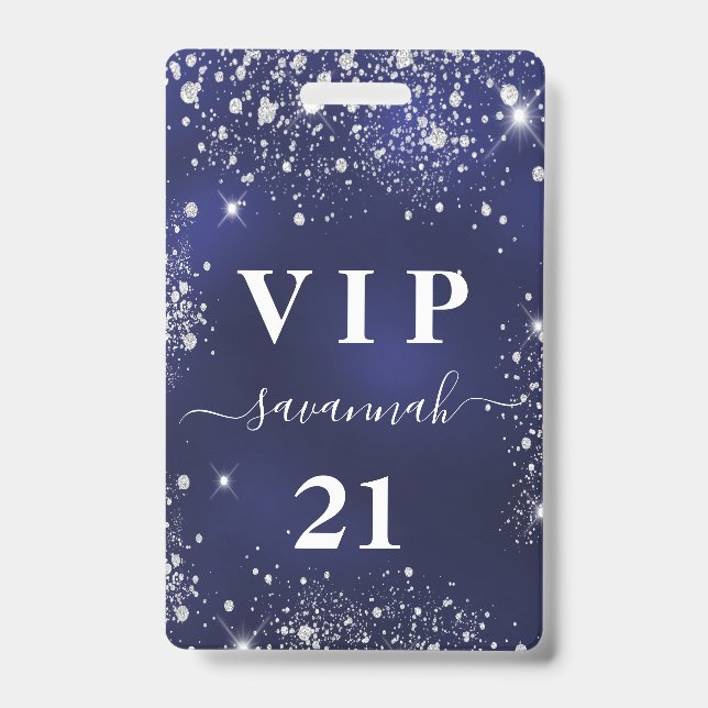 Birthday navy blue silver glitter vip invitation ID badge (Front)