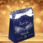 Birthday navy blue silver glitter white monogram favour box<br><div class="desc">An elegant and glamourous blue and white 21st (or any age) birthday favour box. A dark navy blie coloured background with faux silver glitter dust. The blue colour is uneven. With the text: Thank You! Templates for a name, date of birth and date of anniversary and age number. White letters....</div>