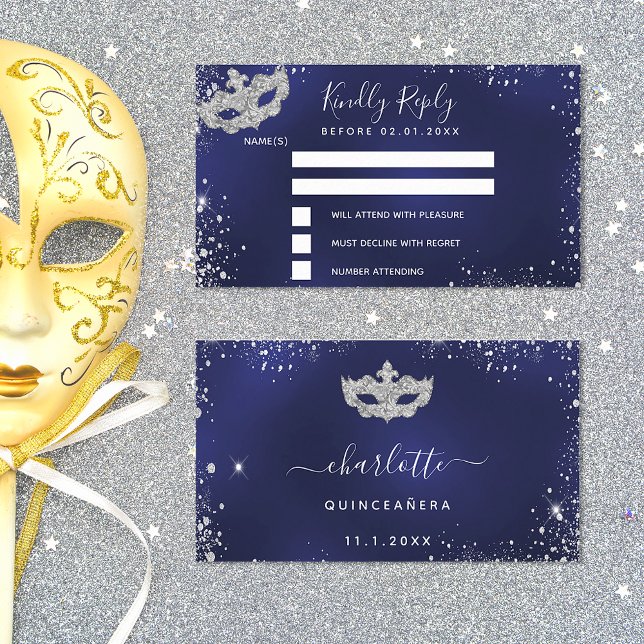 Birthday navy blue silver masquerade RSVP Enclosure Card (Creator Uploaded)