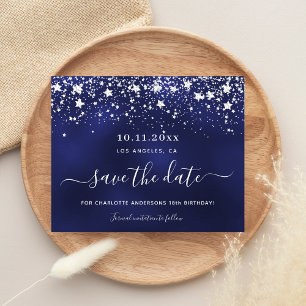 Birthday navy blue silver party save the date card