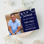 Birthday navy blue silver photo save the date announcement postcard<br><div class="desc">Add a vertical size photo. A navy blue background colour,  decorated with faux silver stars. Personalise and add a name and the details.</div>