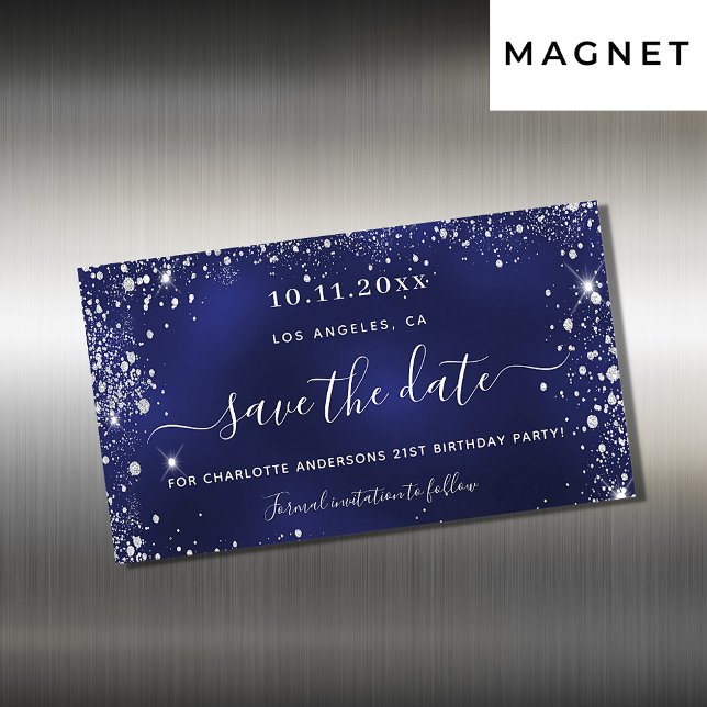 Birthday navy blue silver save the date magnet (Creator Uploaded)