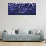 Birthday navy blue silver stars name party banner<br><div class="desc">For a glamourous 21st (or any age) birthday party. A navy blue background with elegant faux silver stars. The blue colour is uneven. Personalise and add a name and age 21. White letters. The name is written with a modern hand lettered style script with swashes. To keep the swashes only...</div>