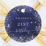 Birthday navy blue silver thank you favour tags<br><div class="desc">For a girly and glamourous 21st (or any age) birthday party.  A navy blue background with elegant faux silver sparkles.  On the front: Personalise and add a name and age 21. 
Back: add your thank you note and name.</div>
