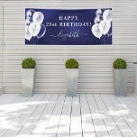 Birthday navy blue white balloons name script banner<br><div class="desc">For a girly and glamourous 21st (or any age) birthday party. A navy blue background. The blue colour is uneven. Decorated with white balloons. Personalise and add a name and age 21. White letters. The name is written with a modern hand lettered style script with swashes. To keep the swashes...</div>