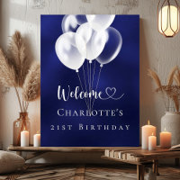Birthday navy blue white balloons welcome