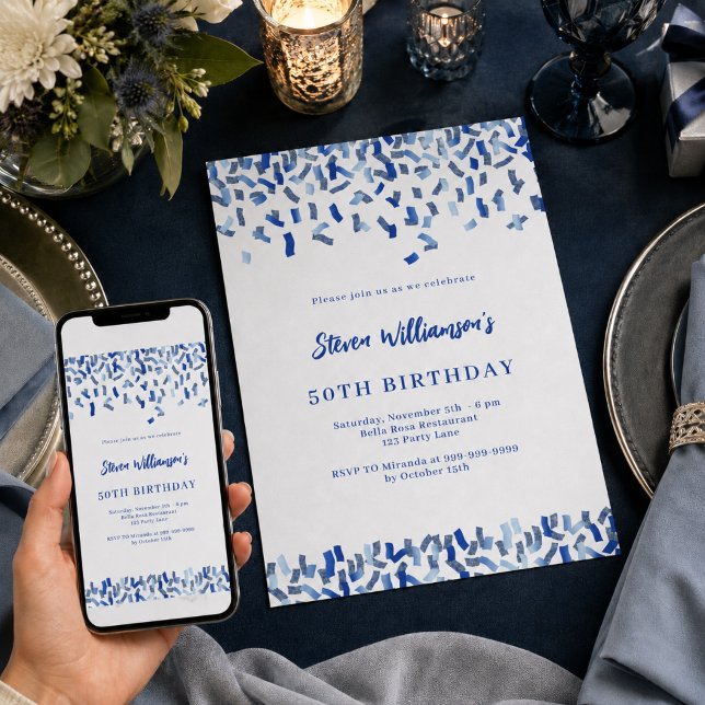 Birthday navy blue white confetti men guy invitation (Creator Uploaded)